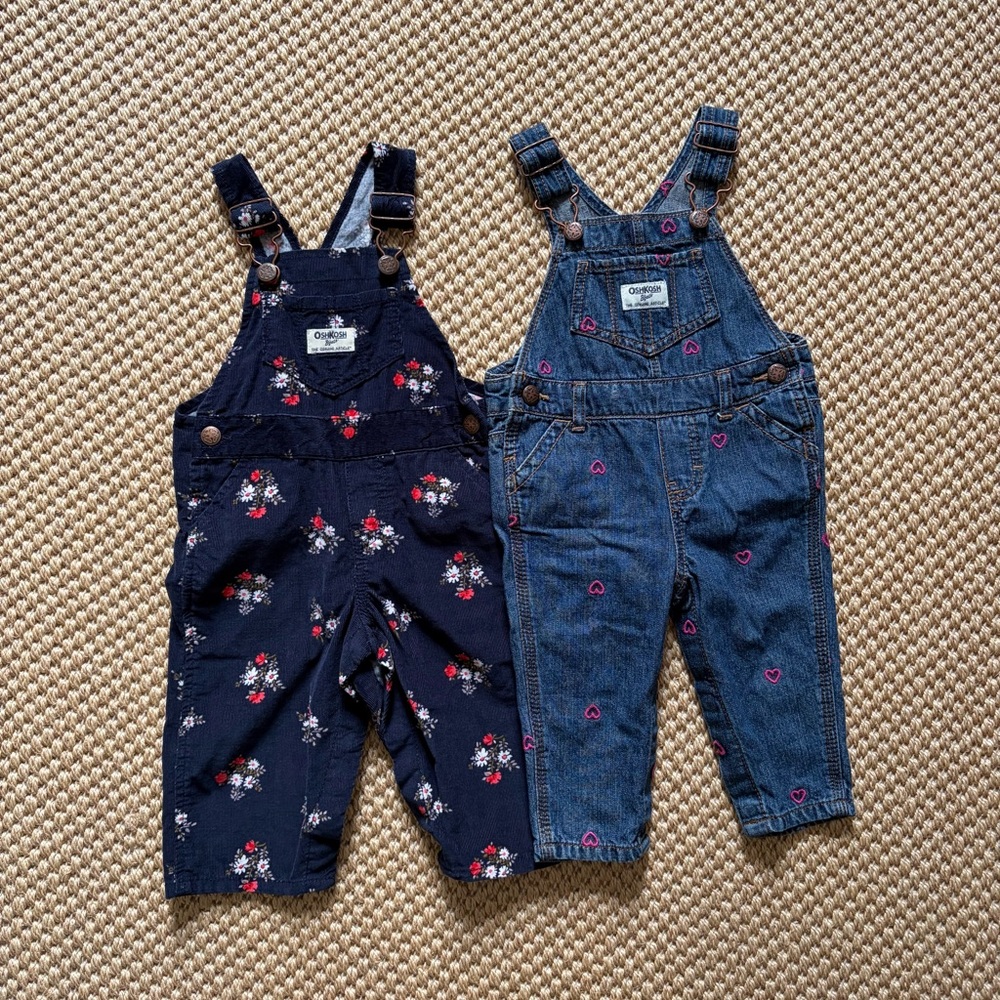 OshKosh B'gosh Floral Corduroy and Denim Overalls Set of Two